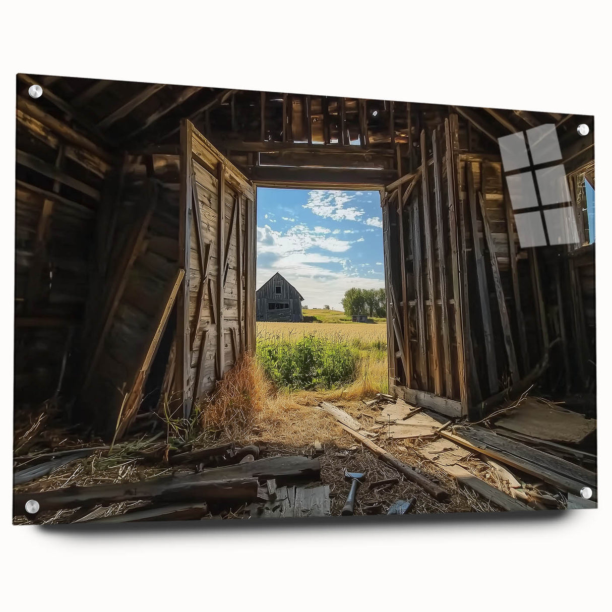Acrylic glass landscape artwork showcasing a rustic barn scene, viewed from the side with decorative pins. Ideal for country-themed home decor or art collectors.