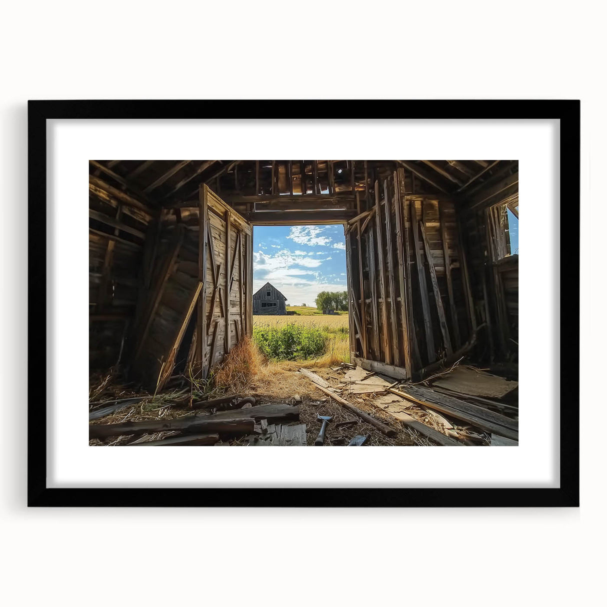 Barn frame landscape art print in matte black, showcasing a modern design with clean lines, ideal for home decor or gallery display, enhancing any interior space.