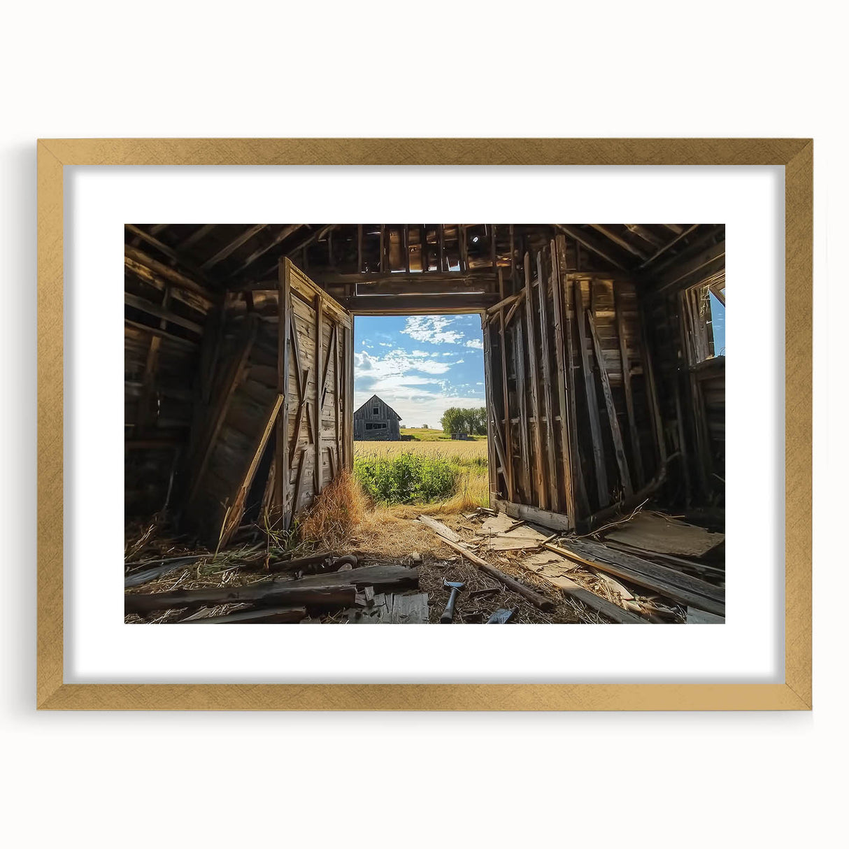 Elegant landscape barn frame art featuring a gold mat, showcasing a rustic scene with detailed textures and warm colors, perfect for home decor.