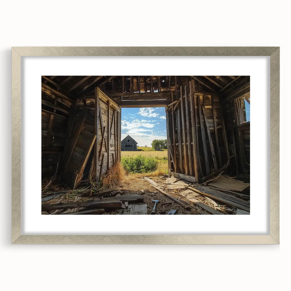 Barn frame in silver finish with a mat, showcasing a landscape artwork, perfect for home decor. Stylish and elegant, ideal for adding sophistication to any room.