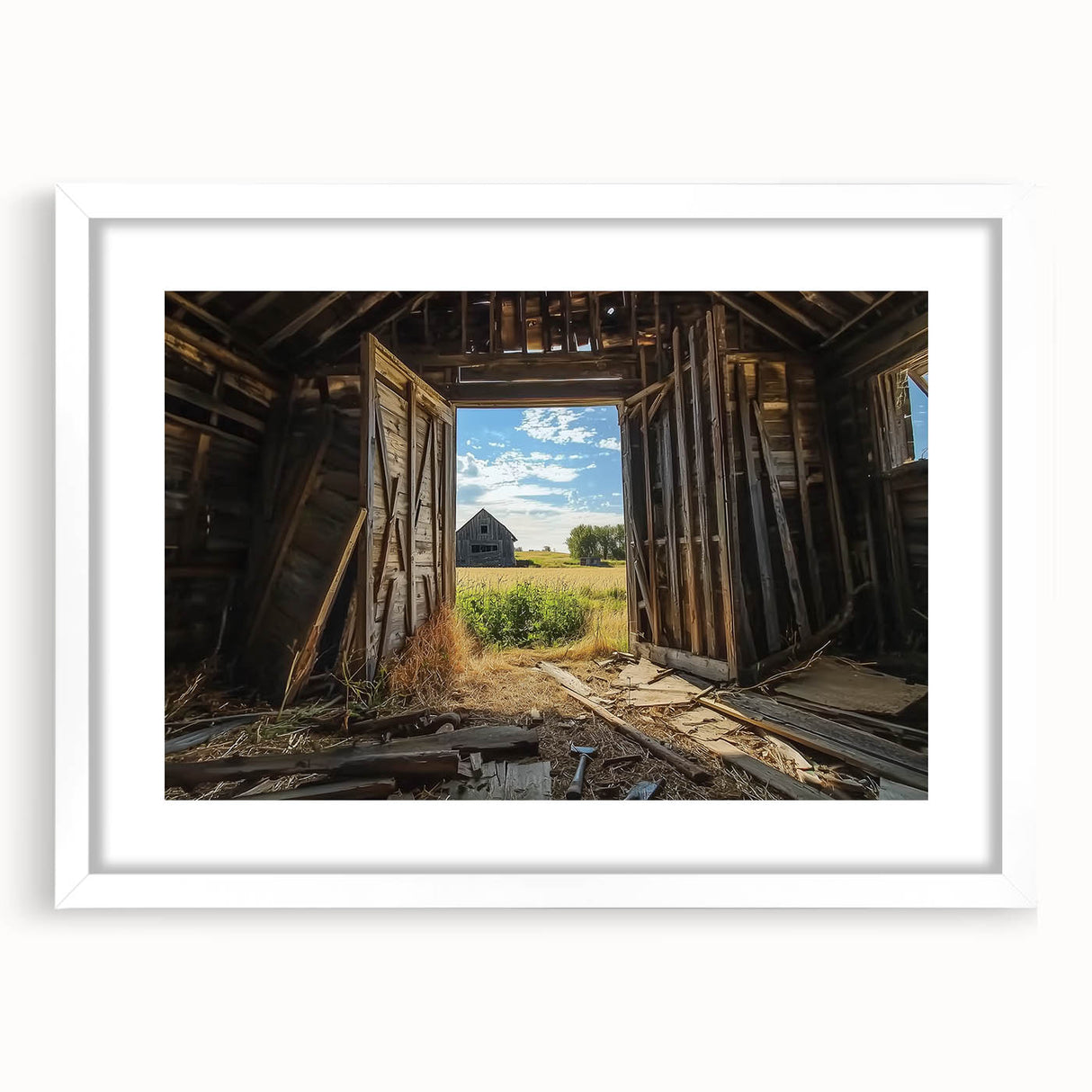 Barn frame landscape design with a white mat, showcasing a rustic aesthetic, ideal for home decor. The frame's natural wood finish enhances its charm, making it perfect for displaying artwork or photographs.