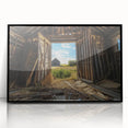 Framed acrylic artwork showcasing a landscape design with a barn theme, featuring a sleek black frame and a vibrant color palette, perfect for home decor.