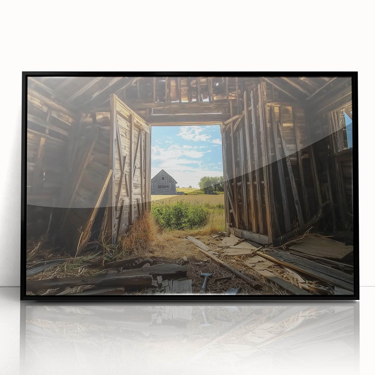 Framed acrylic artwork showcasing a landscape design with a barn theme, featuring a sleek black frame and a vibrant color palette, perfect for home decor.