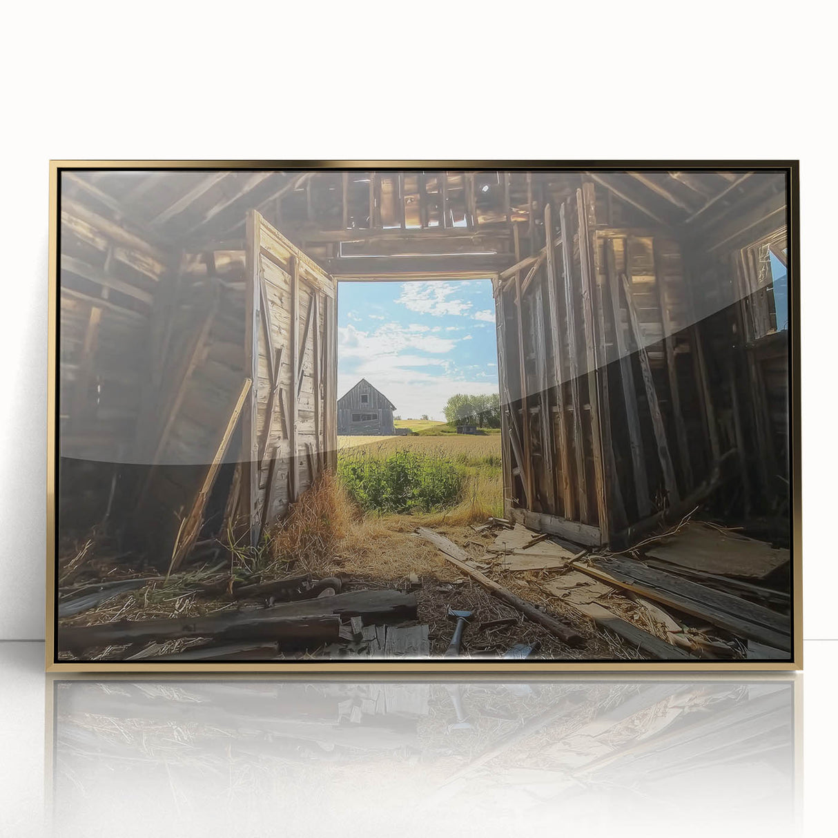 Framed acrylic artwork depicting a serene landscape with a barn, showcasing warm gold tones and intricate details, perfect for enhancing home decor.