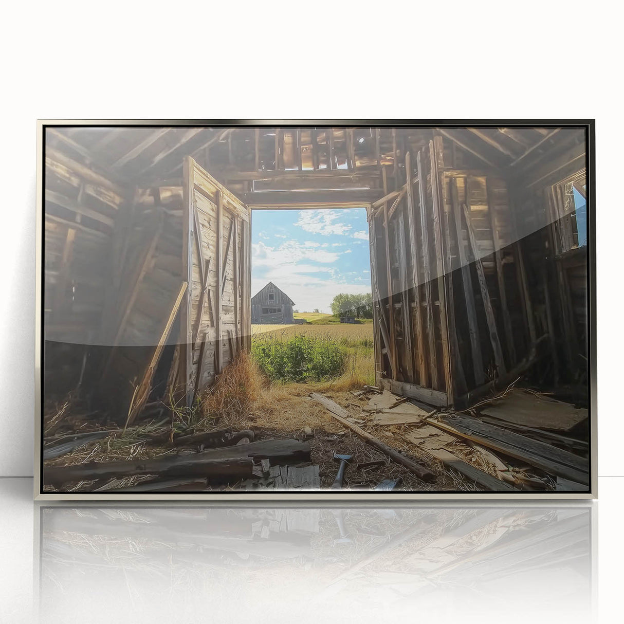 Framed acrylic artwork showcasing a silver landscape design, elegantly displayed in a barn-style frame, ideal for home decor or gallery exhibitions. The piece highlights shimmering silver tones that enhance any modern aesthetic.