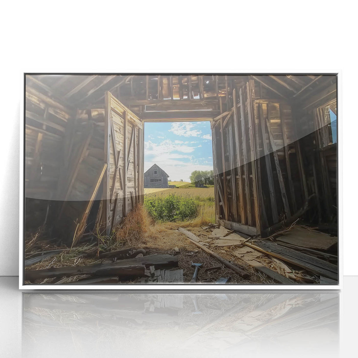 Framed acrylic landscape artwork depicting a serene barn scene with white accents, showcasing vibrant colors and fine details, perfect for home decor.