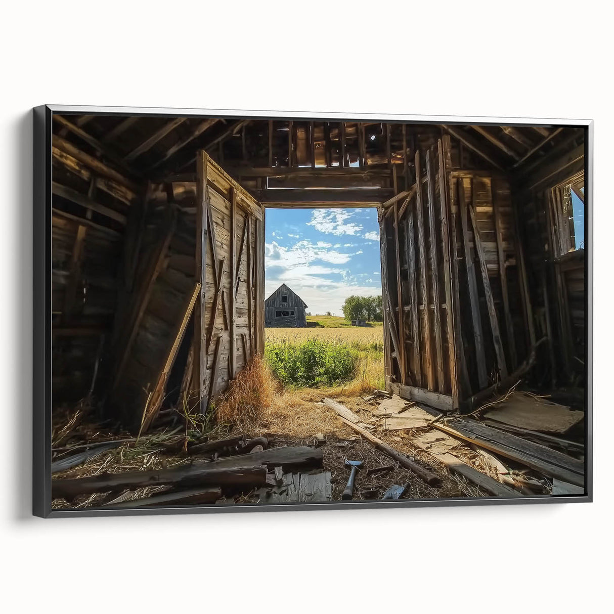 Barn-framed canvas art showcasing a landscape scene with vibrant colors and intricate details, viewed from the side to highlight its elegant frame design. Ideal for home decor.