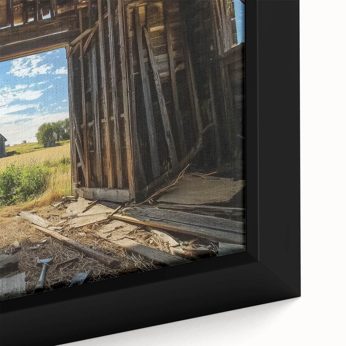 Close-up view of a landscape barn-framed canvas showcasing vibrant colors and intricate details, ideal for home decor and rustic interiors. Perfect for art enthusiasts.