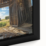 Close-up view of a landscape barn-framed canvas showcasing vibrant colors and intricate details, ideal for home decor and rustic interiors. Perfect for art enthusiasts.