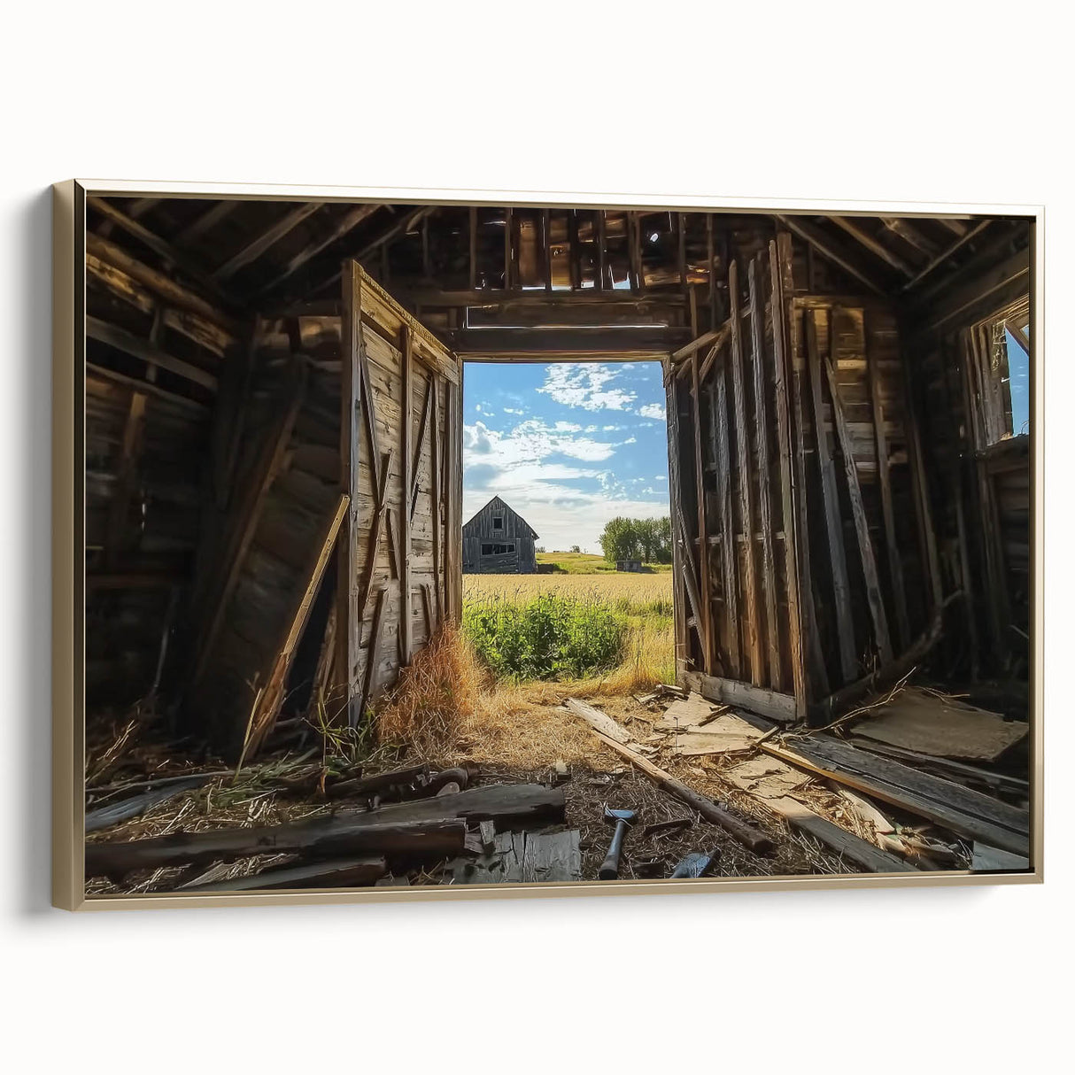 Barn-framed landscape canvas print showcasing a serene natural scene, featuring rich colors and intricate details, perfect for home decor and art enthusiasts.