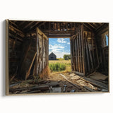 Barn-framed landscape canvas print showcasing a serene natural scene, featuring rich colors and intricate details, perfect for home decor and art enthusiasts.