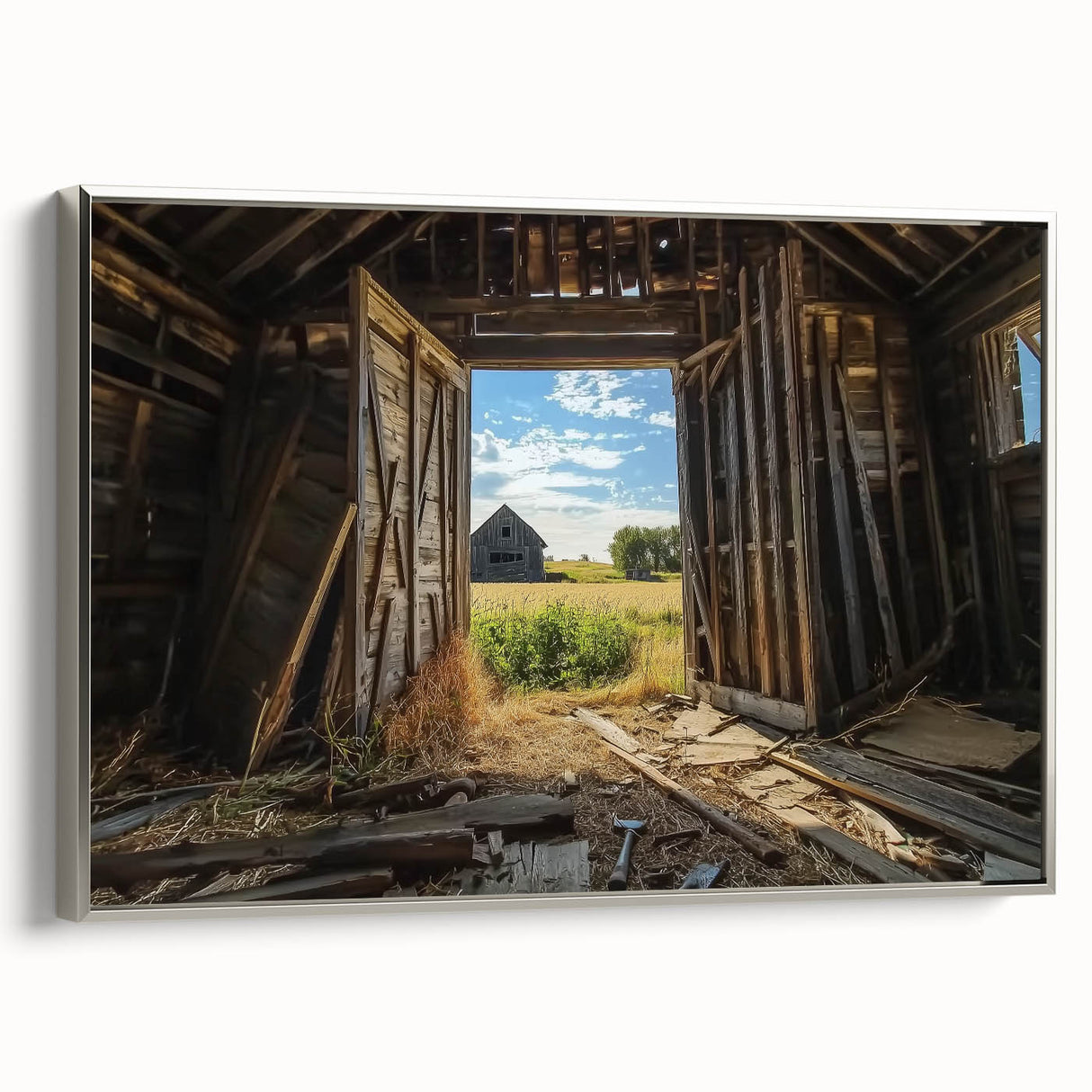 Landscape barn-themed canvas art with a silver frame, showcasing rustic charm and intricate details. Perfect for enhancing home decor with a touch of countryside elegance.