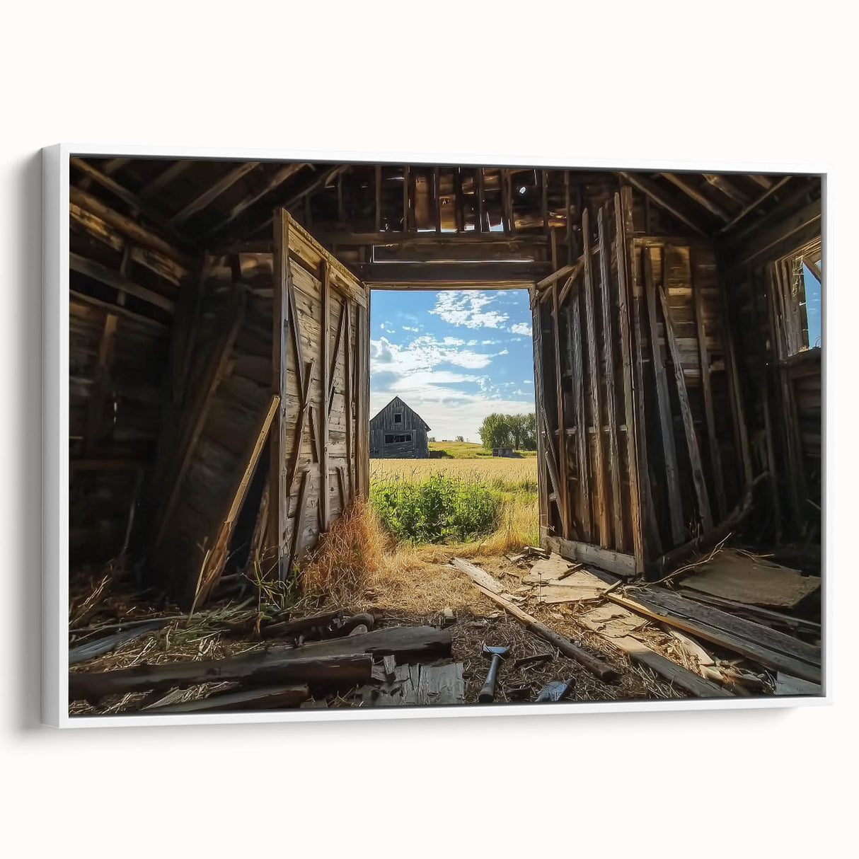 Framed canvas artwork showcasing a serene landscape design with white borders, displayed in a rustic barn setting, perfect for enhancing home decor.