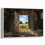 Framed canvas artwork showcasing a serene landscape design with white borders, displayed in a rustic barn setting, perfect for enhancing home decor.