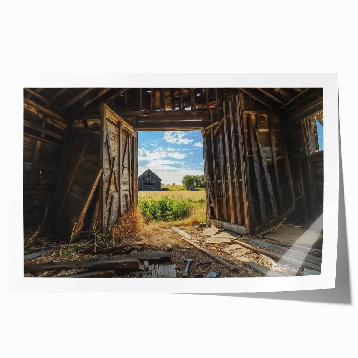 Rolled landscape barn print showcasing vibrant colors and intricate details, packaged securely in a protective cardboard tube, perfect for home decor enhancement.