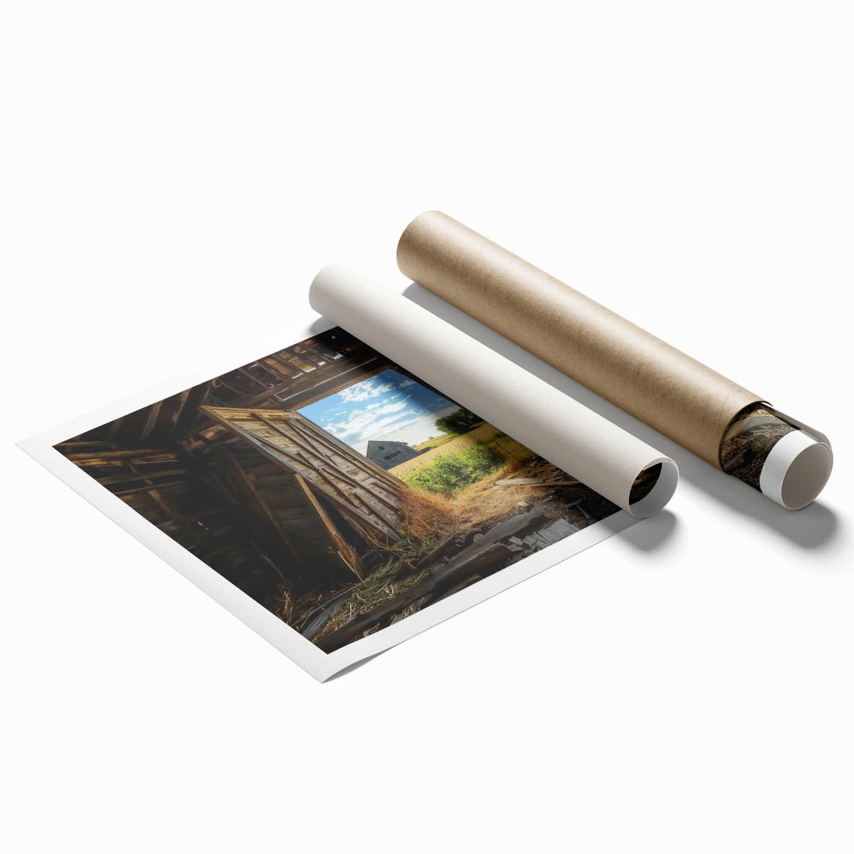Landscape barn print on rolled canvas showcasing vibrant colors and detailed textures, elegantly presented in a protective cardboard tube for safe shipping. Perfect for enhancing home decor with rustic charm.