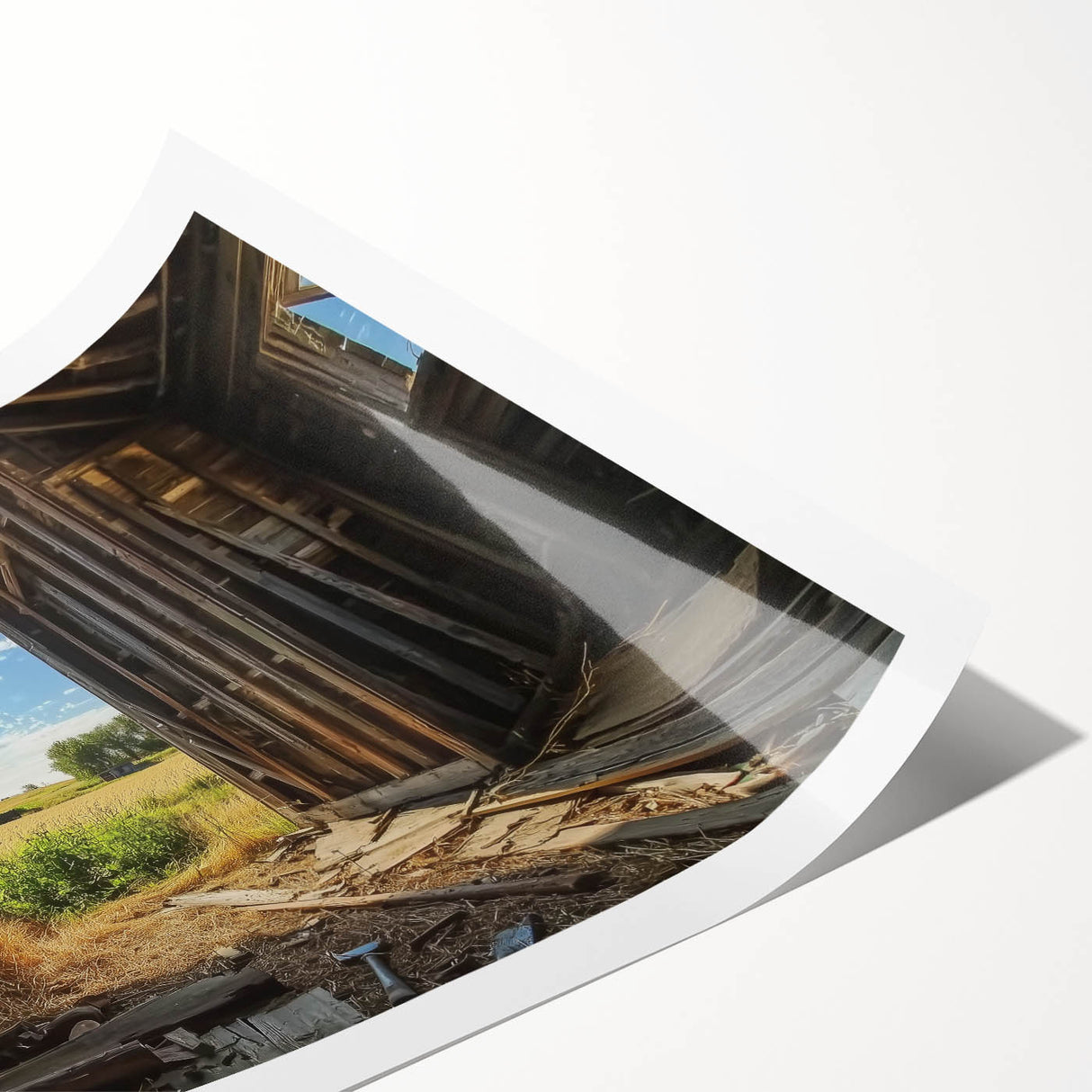 Landscape barn print on rolled canvas showcasing a serene rural scene with vibrant colors and intricate details, designed for home decor enthusiasts.