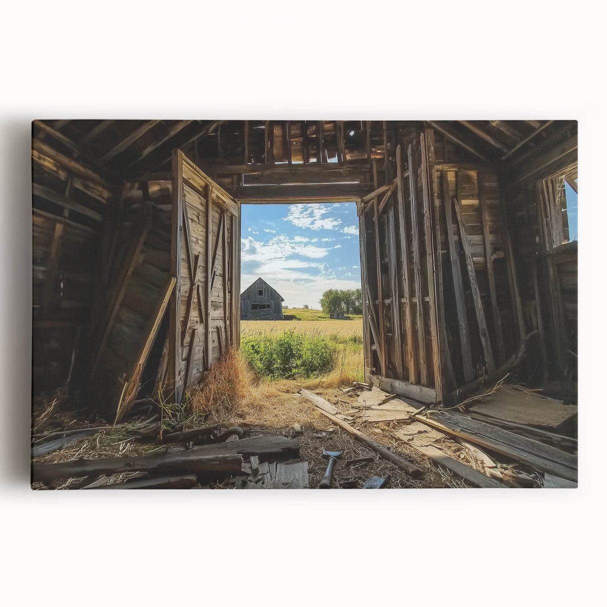 Stretched canvas artwork depicting a vibrant landscape scene with a rustic barn, lush greenery, and a serene sky, ideal for home decor or office ambiance.