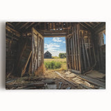 Stretched canvas artwork depicting a vibrant landscape scene with a rustic barn, lush greenery, and a serene sky, ideal for home decor or office ambiance.