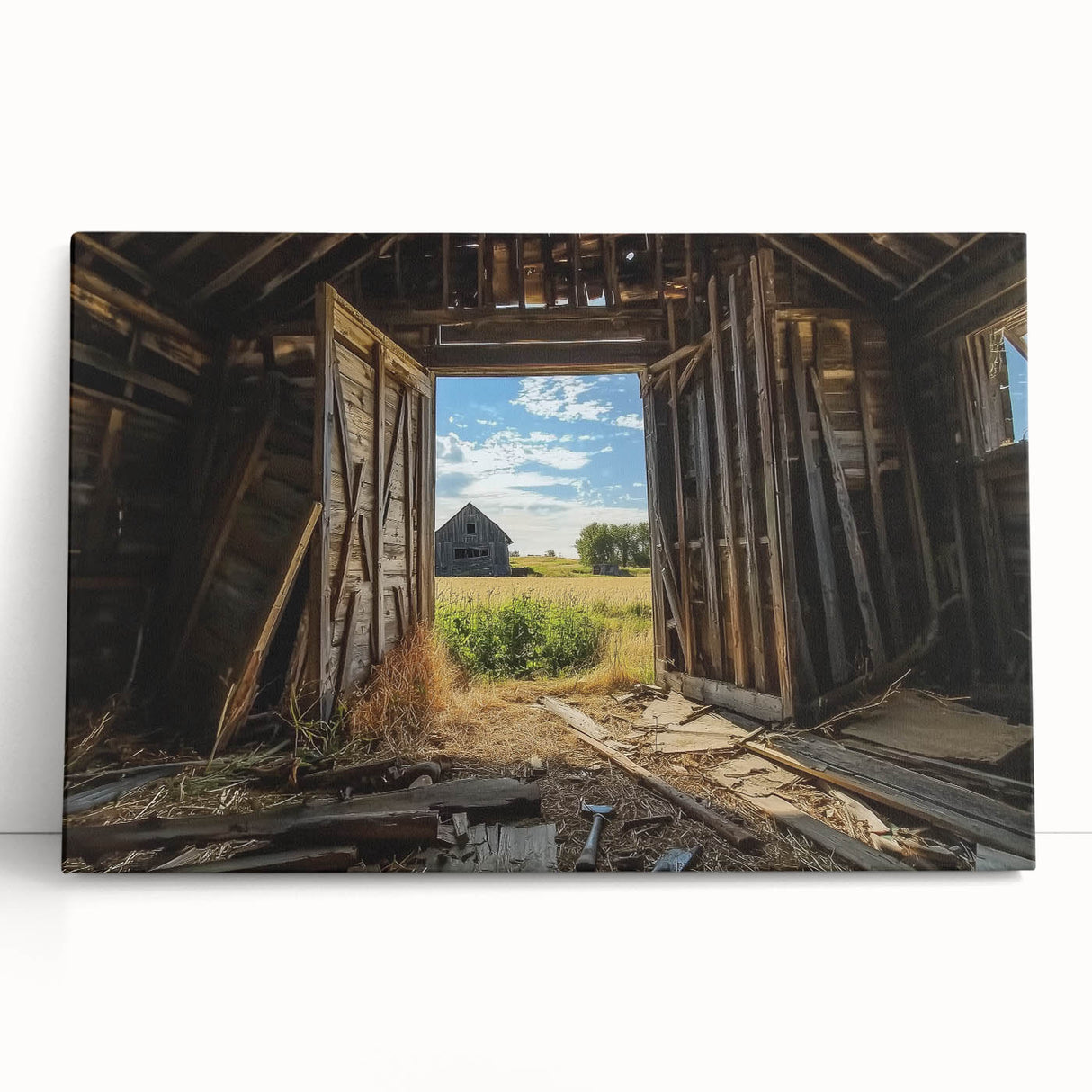 Stretched canvas art depicting a serene landscape scene with a rustic barn and vibrant greenery, ideal for home decor and nature enthusiasts. The artwork leans against a neutral wall, showcasing its vivid colors and tranquil atmosphere.