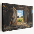 Stretched canvas art showcasing a vibrant landscape scene with a rustic barn, emphasizing rich colors and intricate details, perfect for home decor.