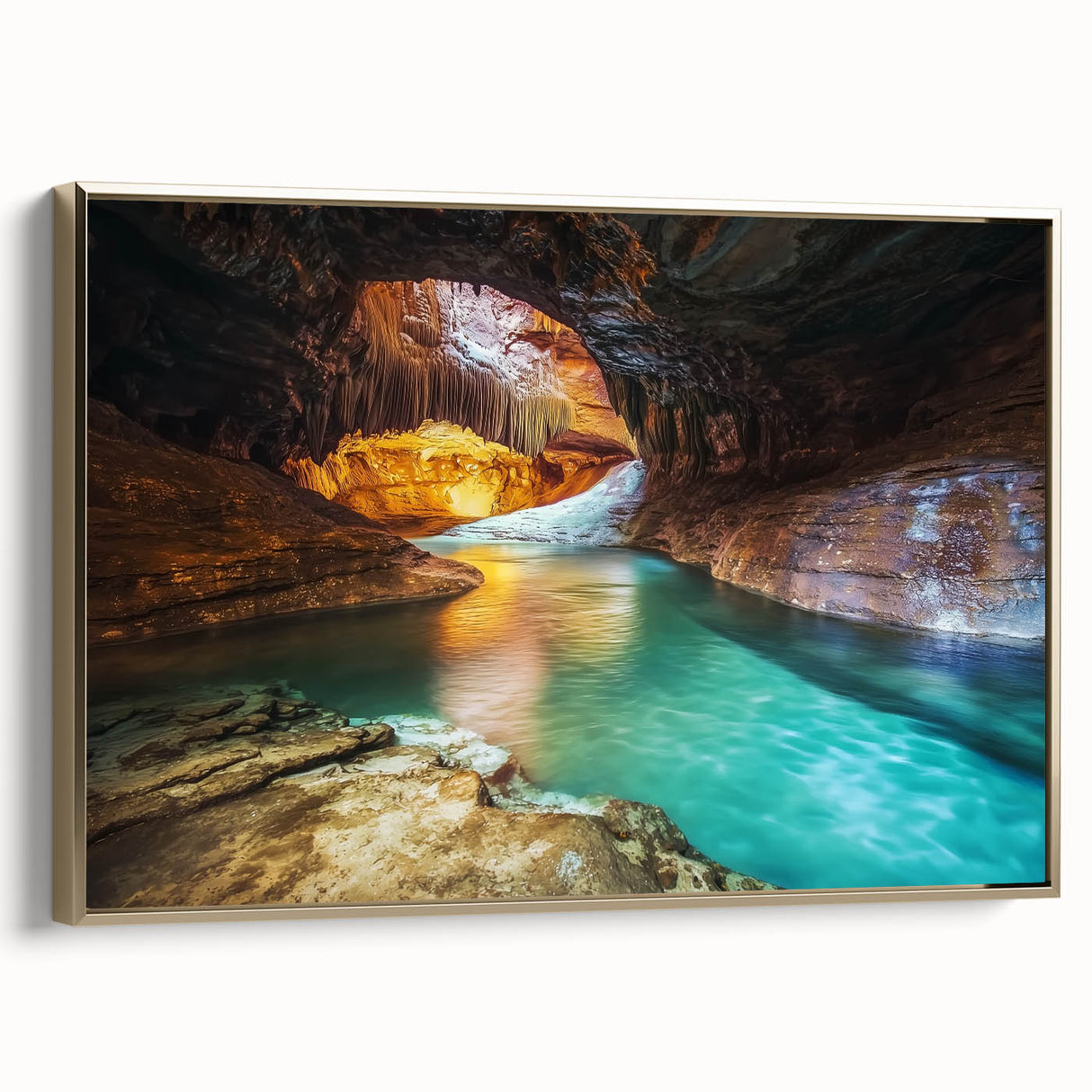 Framed landscape canvas art depicting majestic canyons with rich golden hues, showcasing intricate details and textures, ideal for enhancing modern home decor.