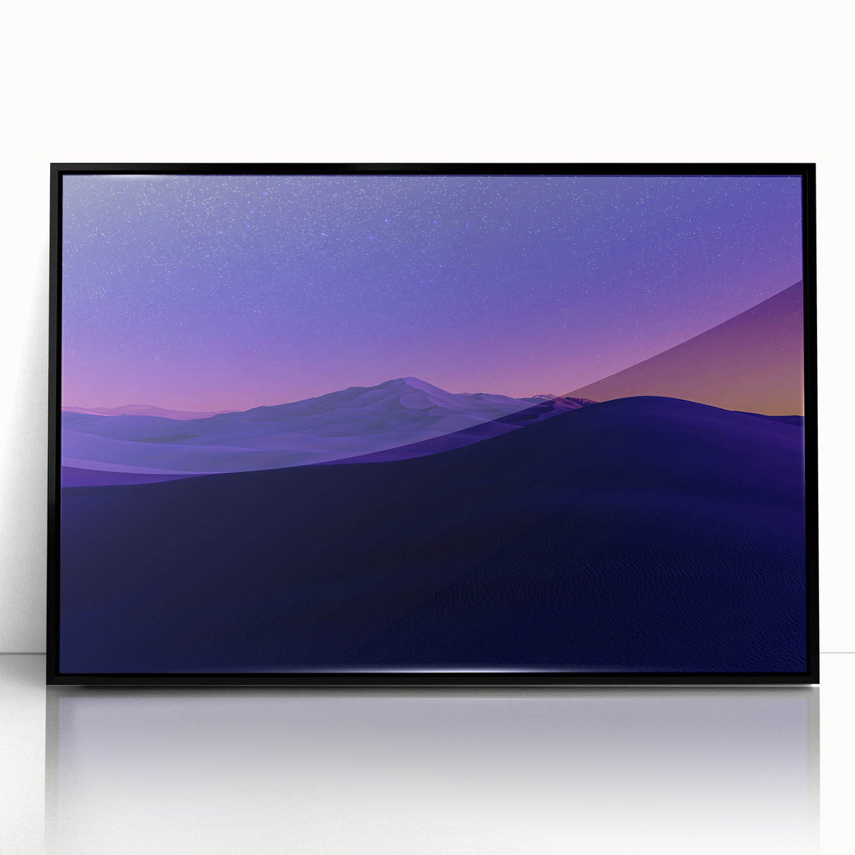 Framed black acrylic artwork depicting a serene desert landscape, showcasing warm earth tones and intricate details, ideal for modern home decor.