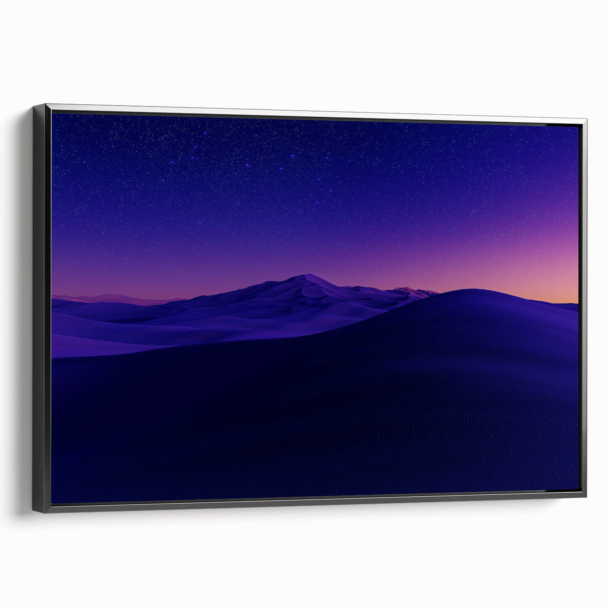 Framed canvas art depicting a serene desert landscape with warm tones, showcasing rolling dunes and a clear blue sky, perfect for enhancing modern home decor.
