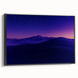 Framed canvas art depicting a serene desert landscape with warm tones, showcasing rolling dunes and a clear blue sky, perfect for enhancing modern home decor.