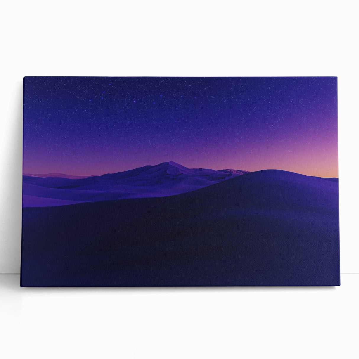 Stretched canvas artwork depicting a vibrant desert landscape, featuring warm earthy tones and dramatic clouds, ideal for home decor or artistic display.