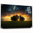 Acrylic glass artwork showcasing a vibrant landscape of fields, viewed from the side, featuring contrasting colors and sharp details, elegantly pinned for display.