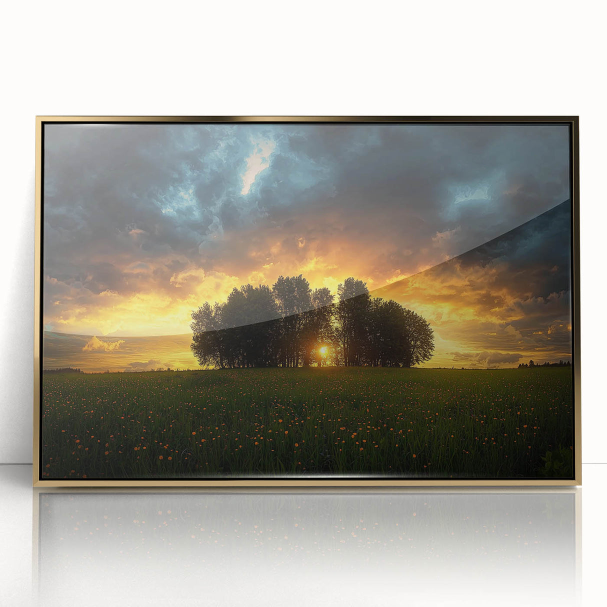 Framed acrylic artwork depicting a vibrant landscape with rolling fields in gold tones, ideal for enhancing modern home decor or office spaces, showcasing a serene outdoor scene.