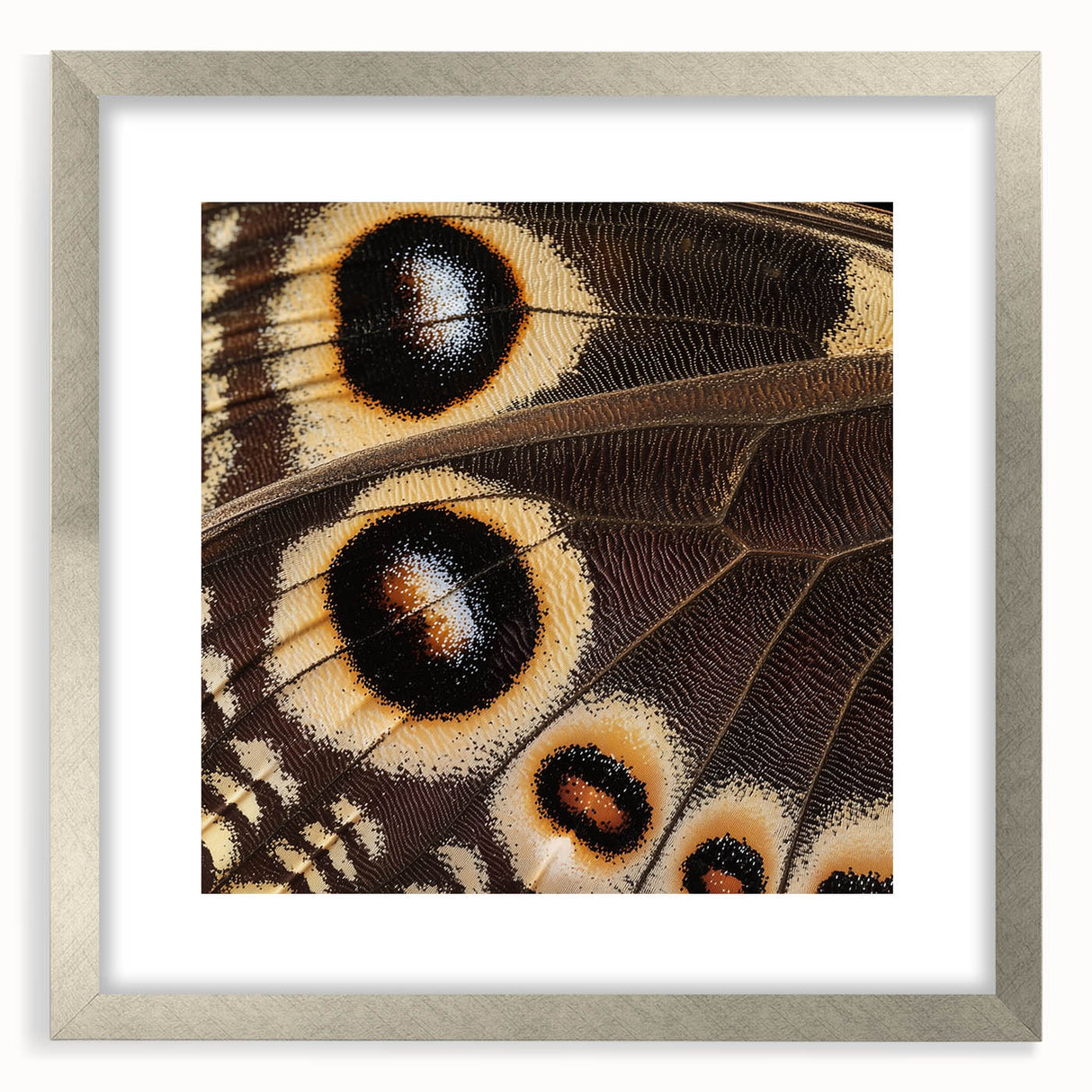 Textured art print featuring abstract close-ups of animals in muted earth tones, framed in silver, ideal for bedroom decor.