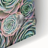 Large abstract floral print in vibrant hues on acrylic glass, ideal for dining room art in a mid-century modernist style.