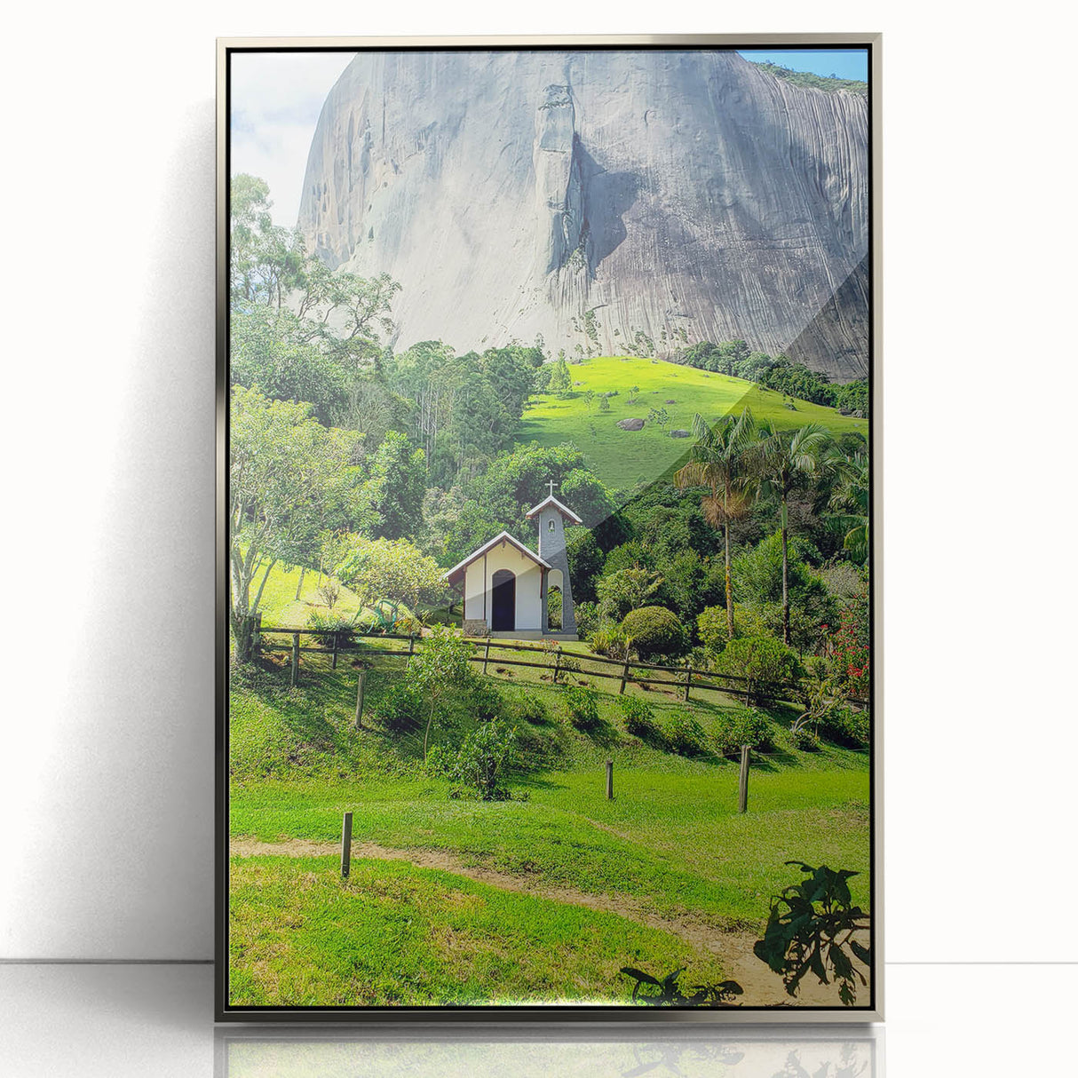 Mid-century modernist art depicting spring season in pastel shades, framed in silver acrylic, ideal for nursery wall art.