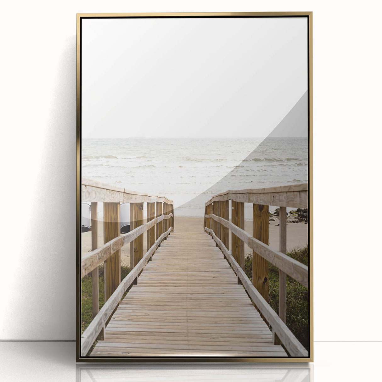 Large art print featuring a mid-century modernist summer design in gold and white tones, acrylic framed.