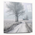 Winter-themed large abstract wall art on acrylic glass, featuring cool blue and white tones.