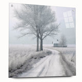 Winter-themed large abstract wall art on acrylic glass, featuring cool blue and white tones.