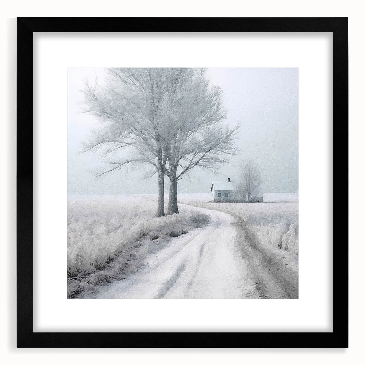 Extra large abstract art print featuring textured, colorful art in winter theme on a black framed canvas.