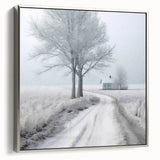 Winter landscape art painting on a framed canvas, featuring muted blue and silver tones, ideal for living room decor.