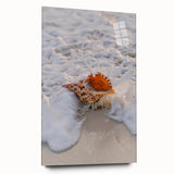 Large abstract wall art in vibrant orange and blue tones on acrylic glass, ideal for bedroom or dining room decor.