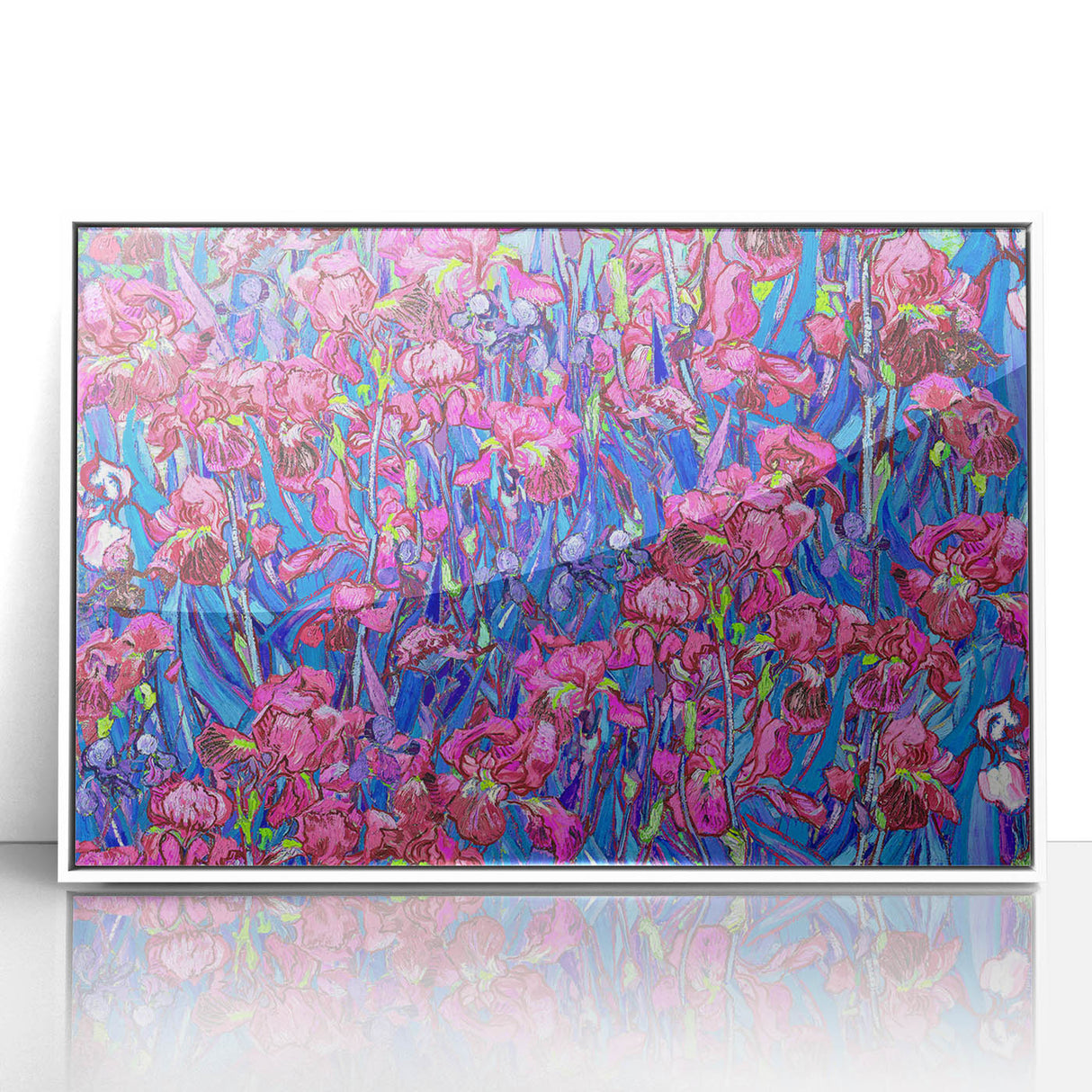 Mid-century modernist art depicting a starry night scene in acrylic on a white framed poster.