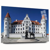 Acrylic glass landscape artwork showcasing a majestic castle surrounded by vibrant greenery, viewed from the side. Ideal for home decor and art enthusiasts.