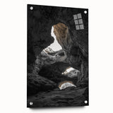 Acrylic landscape artwork depicting caves, displayed from a side view with pins for mounting. The vibrant colors create a captivating visual experience, ideal for home decor.
