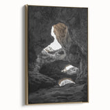 Framed canvas artwork depicting a stunning landscape with caves, featuring a gold border and side view, perfect for enhancing home decor or office spaces.