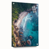 Acrylic glass artwork showcasing vibrant landscapes with cliffs, displayed from a side view, pinned for secure presentation. Ideal for nature-inspired decor.