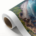 Vibrant rolled canvas showcasing a stunning landscape of dramatic cliffs and lush greenery, perfect for enhancing home decor and creating a serene atmosphere. The artwork is elegantly packaged in a protective cardboard tube, ensuring safe delivery and preservation.
