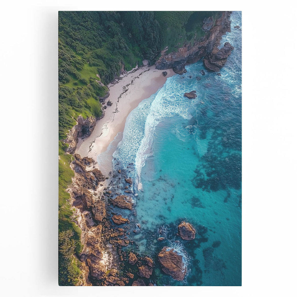 Stretched canvas artwork depicting a vibrant landscape of cliffs under a blue sky, showcasing natural beauty and serene colors, perfect for home decor.