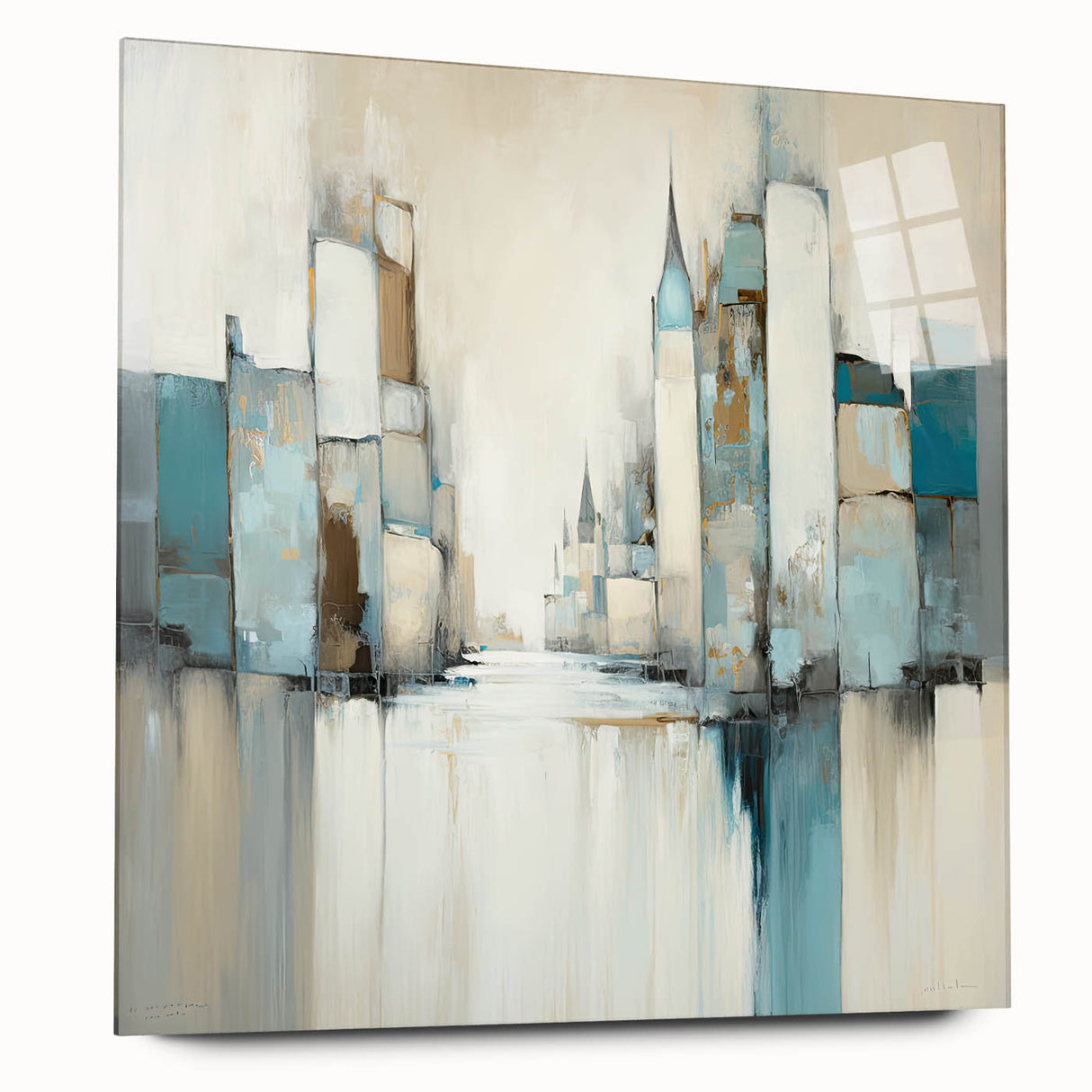 Abstract architectural wall art design displayed in a sleek acrylic glass frame, showcasing vibrant colors and geometric shapes. The side view highlights the depth and modern aesthetic, perfect for contemporary interior decor.