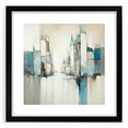 Abstract wall art featuring modern architectural design with a black frame and mat, showcasing geometric shapes and contrasting colors, perfect for contemporary decor.
